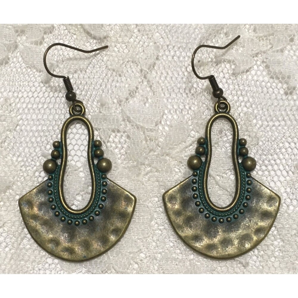 Brass Gold Tone Earrings Patina Color Dangly Rustic Boho Tribal